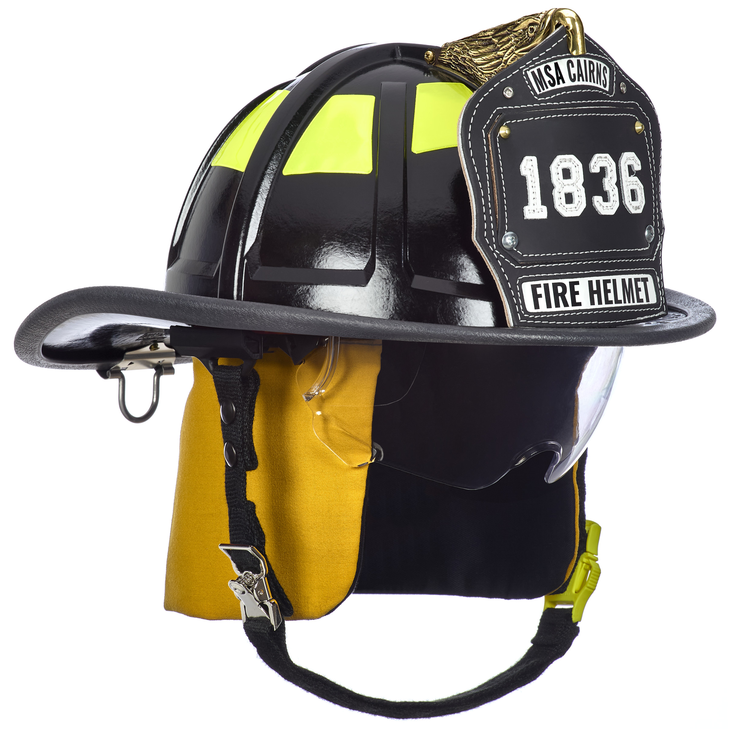Cairns 1836 Black Fire Helmet, with standard liner, clear Defender Visor, Yellow Nomex earlaps, 6" carved eagle, Reflexite lime yellow
